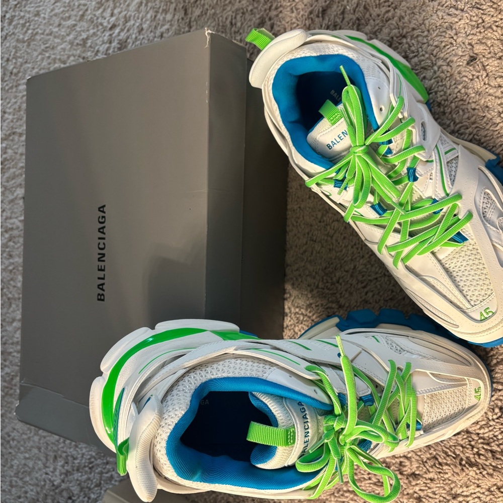 Balenciaga White and Lime Green Sneakers with Blue Accents